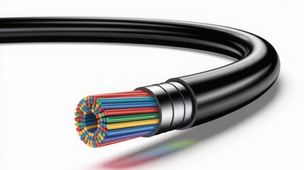 A close-up view of a high-tech fiber optic cable, showcasing the inner colorful strands. The image highlights the core of modern communication