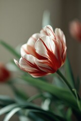 Close-up of red and white tulip in bloom with soft background