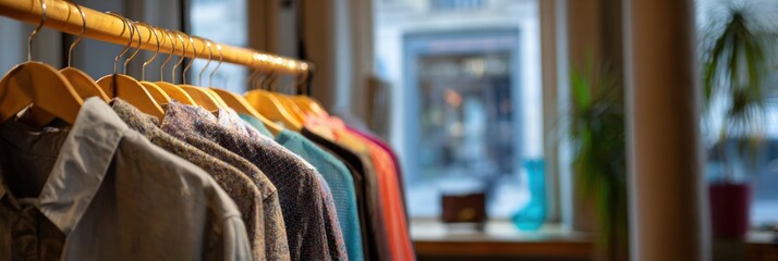 Colorful assorted clothing on wooden rack in bright boutique setting