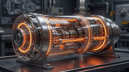 Futuristic energy reactor in techno lab. Captivating design showcases extensive circuitry and glowing elements. Ideal image for technology and innovation themes.