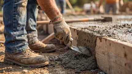 Construction worker laying concrete in outdoor site. Skilled tradesman demonstrates hard work and dedication. This construction photo highlights teamwork and building progress.