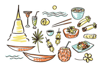 Hand drawn Thai and Tropical Food illustration set. Exotic dishes, drinks, desserts astal elements in doodle style. For Asian restaurant, travel, design, menu, food blog, packing, lifestyle branding