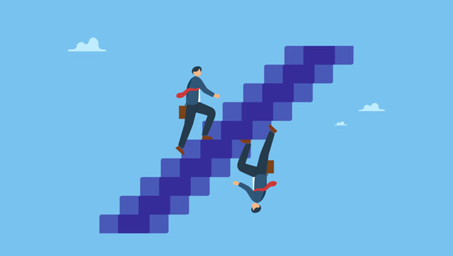 Ambitious businessman walk up stair while in paradox he walking down. Business paradox, growth, improvement or different perspective or other side, fake or real, possible and impossible.