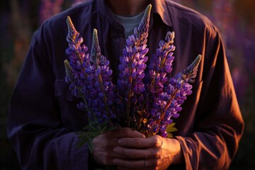 Caucasian male holding purple lupine flowers at sunset
