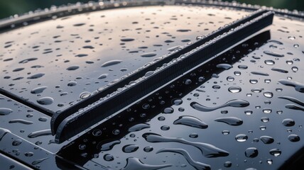 Raindrops glistening on a car's hood, featuring a windshield wiper