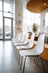 Fototapeta premium Modern waiting area with white chairs in sunlit room