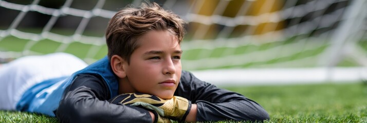 Young caucasian male soccer player resting on field in front of goal