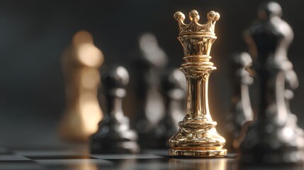 A close-up view of a golden queen chess piece standing triumphantly among black pawns on a chessboard, symbolizing strategy, competition, and mental agility in the game of chess.