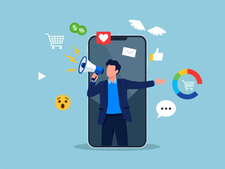 A dynamic digital marketer emerges from a smartphone screen wielding a megaphone, surrounded by vibrant icons representing social media engagement, e-commerce trends, and diverse content analytics