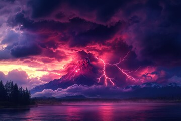 Majestic mountain illuminated by lightning during a dramatic sunset