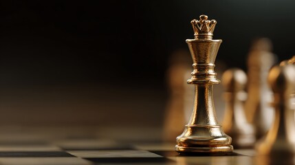 A close-up photograph of a golden chess king piece, prominently displayed on a chessboard