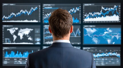 A professional man observes financial graphs and data on multiple screens, symbolizing market analysis, investment strategies, and strategic planning in a modern office environment