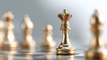 A close-up view of a golden chess king piece surrounded by other chess pieces. The photo symbolizes strategy, competition, and skill in the classic game of chess.