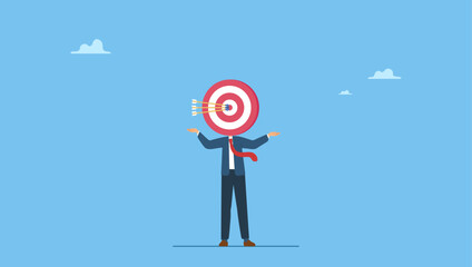 Businessman archery target head and 3 arrows hit bullseye accurately. Marketing target audience for advertising, head hunter for job and career recruitment, targeting customer or prospect. © Saklarboy