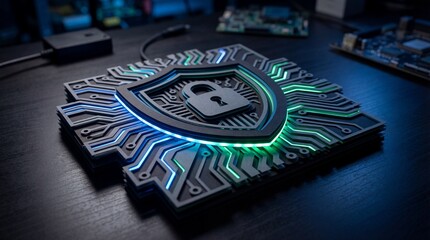 Cybersecurity shield with glowing circuit design on dark background. Рaper cut masterpiece  