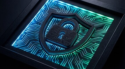 Digital padlock symbol on circuit board with neon colors. Рaper cut masterpiece 