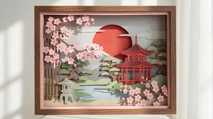 Paper art featuring red pagoda near pond with cherry blossoms . Рaper cut masterpiece