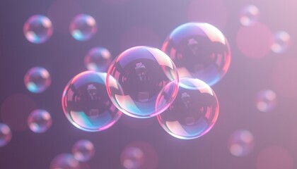 A macro shot of translucent soap bubbles with subtle pastel pink and lavender hues, floating gracefully against a soft focus background, Light reflections create a dreamy, ethereal atmosphere