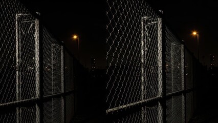 Chain Link Fence at Night with Distant Streetlights.