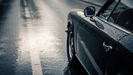 Classic Car Parked on Wet Road After Rain Shower.