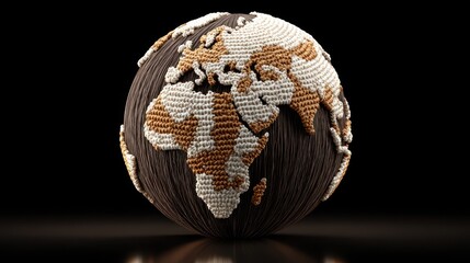 Chocolate Earth Globe with Detailed Continents on Black Background.