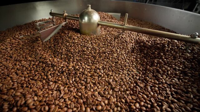 Fresh roasted coffee beans cooling in large industrial mixer machine roaster blend at modern factory aromatic brown grains blending mixing cocoa roasting closeup view of equipment production process