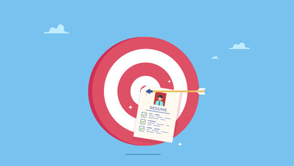 Archer bow hit on bullseye target with chosen candidate resume paper. Recruitment target, choosing best candidate to fill in job vacancy, HR Human Resources find perfect talent for interview.