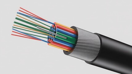 Close up shot of an optical fiber cable with multiple colorful strands