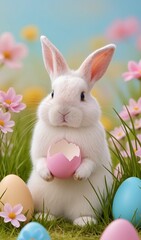 Cute Easter bunny and Easter eggs on a light background 