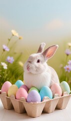 Cute Easter bunny and Easter eggs on a light background 