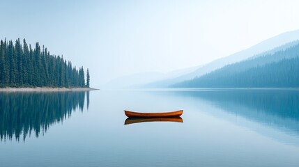Wooden canoe floating on perfectly still lake water with reflections of pine trees and mountains on a misty morning, creating a serene and tranquil atmosphere