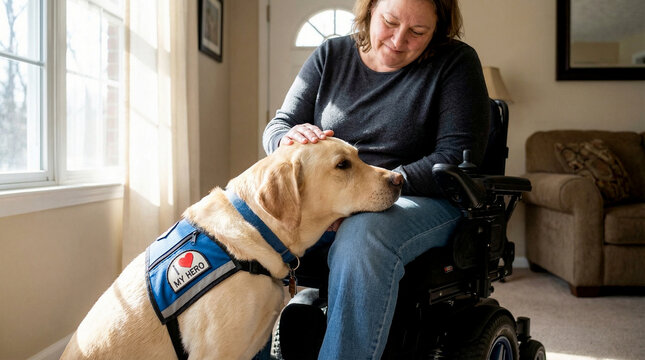 smiling woman in a wheelchair petting her service dog wearing a hero vest at home