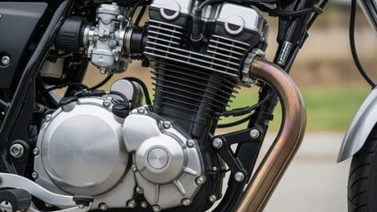 Close-up of a powerful motorcycle engine with intricate details and chrome finishes.