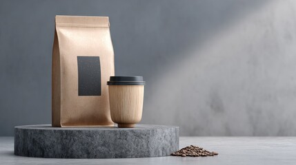 Coffee Packaging Mockup with Kraft Bag and Reusable Cup on Stone Pedestal.