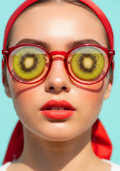 Ultra-detailed fashion portrait of a young woman, close-up headshot, wearing round red sunglasses with transparent lenses reflecting fresh kiwi slices perfectly aligned with the eyes, glossy skin. © Love AI