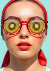 Ultra-detailed fashion portrait of a young woman, close-up headshot, wearing round red sunglasses with transparent lenses reflecting fresh kiwi slices perfectly aligned with the eyes, glossy skin. © Love AI