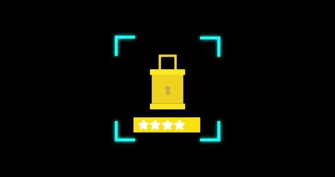 This animation shows a digital padlock being scanned, followed by a password entry with five stars, symbolizing secure access and data protection.