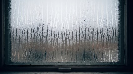 Condensation on a window pane during a cold and rainy day.