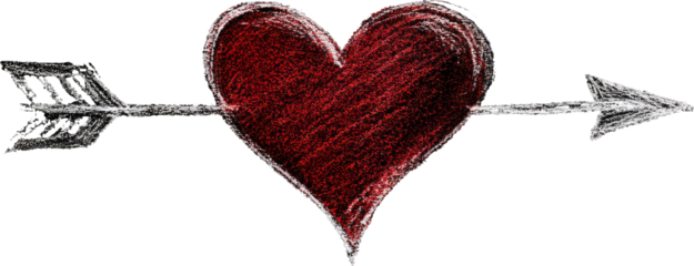 Artistic depiction of a red heart pierced by an arrow, symbolizing love and passion