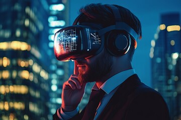 Futuristic businessman using advanced augmented reality headset in a modern office environment