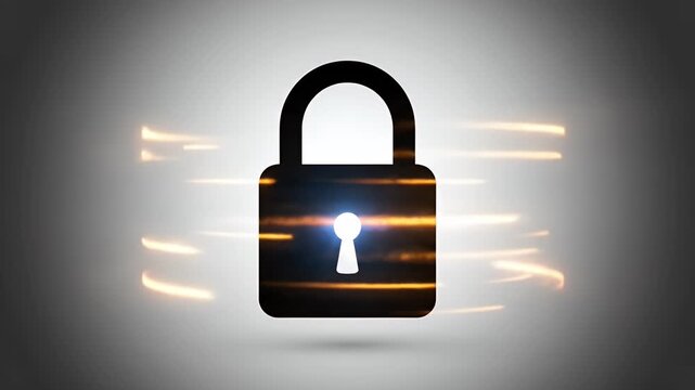Black padlock with keyhole secured by glowing light streaks.