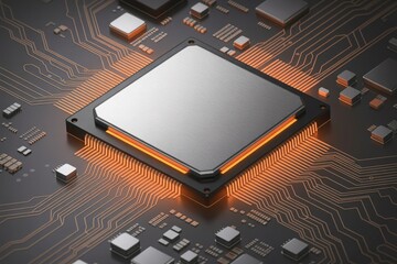 Close-up of a central processing unit (CPU), highlighting its intricate details and advanced technology. The processor sits on a circuit board, with its pins and electronic components visible