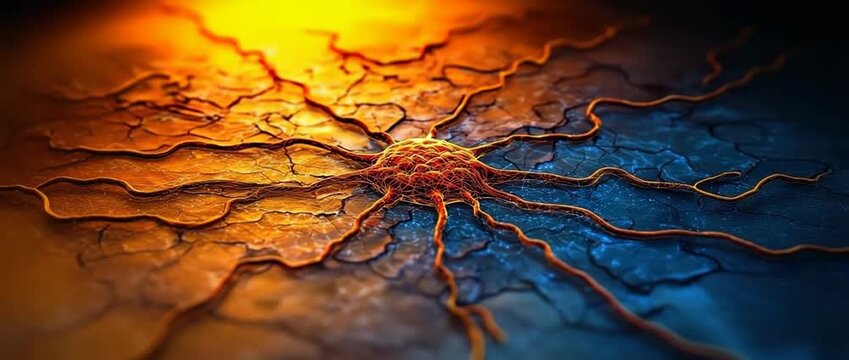 Glowing neuron cell with branching dendrites spreading across a cracked contrasting orange and blue surface
