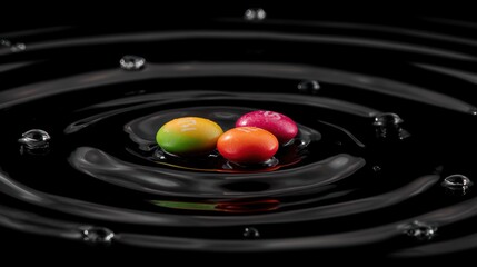 Colorful Candies Floating in Dark Water with Ripples.