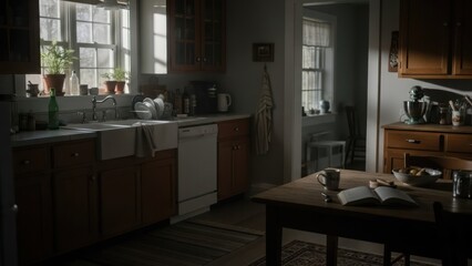 Cozy Rustic Kitchen Interior with Wooden Cabinets and Natural Light.
