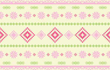 Seamless Christmas pixel pattern vector in retro 8-bit style, featuring festive holiday motifs. Perfect for Christmas wrapping paper, sweaters, greeting cards, backgrounds, and textile design.	