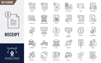 Receipt icon set. Invoice, bill, tax, paid, statement, accounting, transaction, barcode, financial and more. Editable stroke. Vector illustration