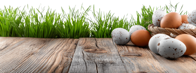 Rustic wooden table with assorted eggs and grass in the background for a natural setting