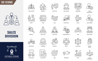 Sales division icon set. Teamwork, Sales Manager, Salesperson, Sales Department, Business Growth, Sales Report and more. Editable stroke. Vector illustration