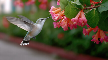 Fototapeta premium Side view of hummingbird hovering near vibrant pink flowers, delicate wings in motion, lush green background, nature beauty